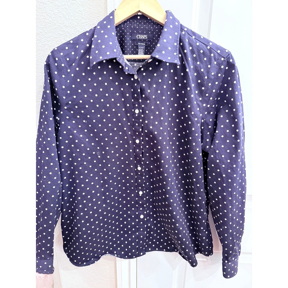 CHAPSâ Women's Navy White Polka Dot Button Up Shirt No Iron XL
